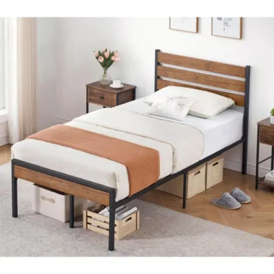 WhizMax Bed Frame with Headboard Footboard, Rustic Brown Wood Farmhouse Metal Platform Bedframe with Wooden Slat image {7}