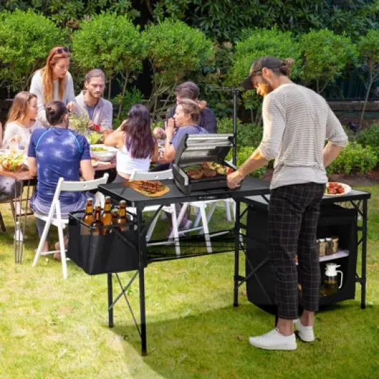 MUKE Portable Camping Kitchen Table with Storage, Light Pole & Side Hooks, Folding Outdoor Cook Station for Picnic image {6}