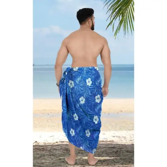 LA LEELA Men's Sarong Aloha Beach Pareo Wrap One Size Tropical Floral Leafs Blue image {3}