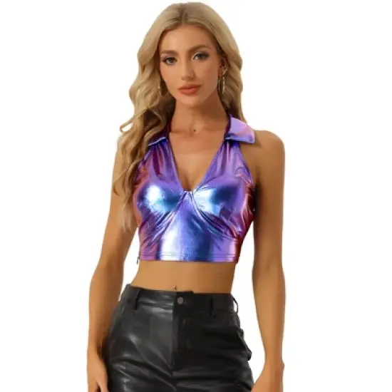 Allegra K Women's Shimmering Shiny Party Holographic Crop Metallic Halter Top image {7}
