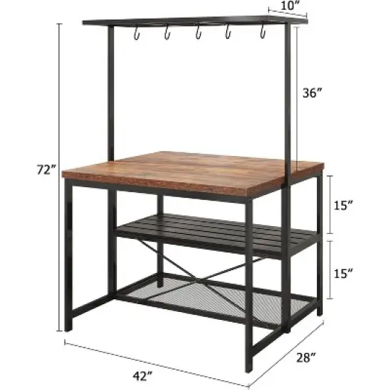 Coolmee 42/47 inch Kitchen Island with Storage & Seating - 3-Tier Bakers Rack, Microwave Stand, Dining Table for 4, 5 Hooks & 50lb Capacity image {6}