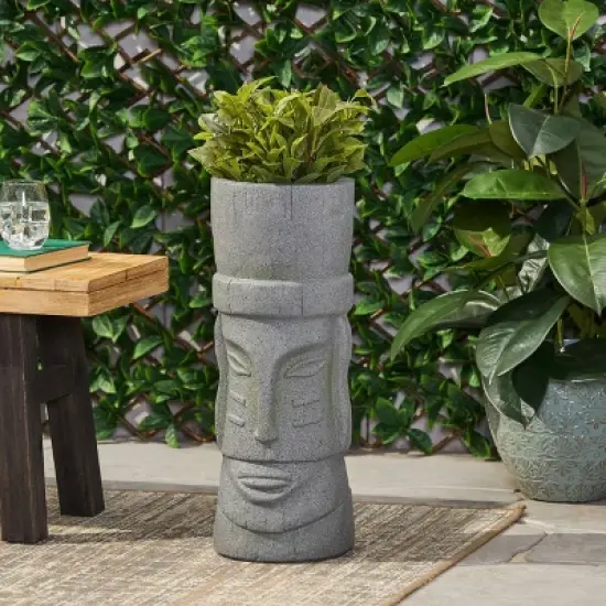 Christopher Knight Home 10" Wide Poulan Concrete Outdoor Novelty Polynesian Planter Stone Gray image {1}