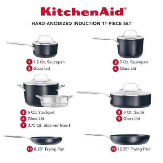 KitchenAid Hard-Anodized Induction 11pc Nonstick Cookware Set: Matte Black, Dishwasher & Oven Safe, Tempered Glass Lids image {1}