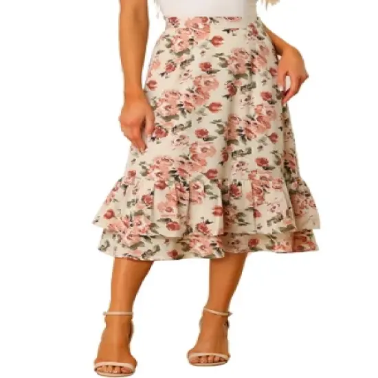 Allegra K Women's Chiffon Elastic Waist Ruffle Tiered Flowy Midi Printed Skirts image {19}