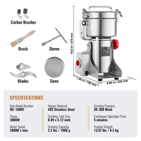 VEVOR 1000g Electric Grain Mill Grinder, High Speed 3000W Commercial Spice Grinders, Stainless Steel Pulverizer Powder Machine image {7}