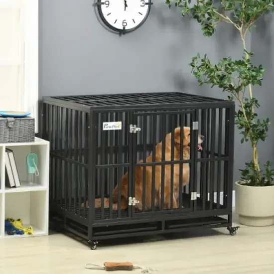 PawHut Heavy Duty Dog Cage Metal Kennel and Crate Dog Playpen with Lockable Wheels, Slide-out Tray and Anti-Pinching Floor image {1}