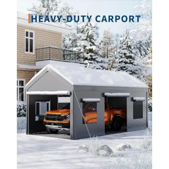 10'x20' Heavy Duty Portable Garage, All-Season Carport with Roll-Up Windows & Removable Walls, Shelter for Cars, Trucks & Outdoor Storage image {4}