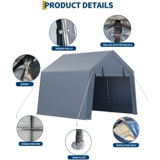 Outdoor Storage Shed with Floor, Heavy Duty Waterproof PE Tarp, Portable Metal Carport Garage Tent, 2 Roll-Up Doors & Vents, for Motorcycle image {4}
