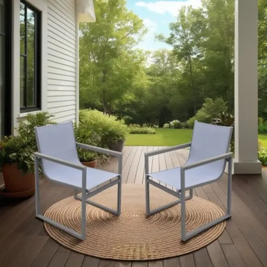 Outdoor Patio Dining Chair in Gray Powder Coated Finish with Gray Sling Textilene and Gray Wood Accent Arms - Set of 2 image {6}