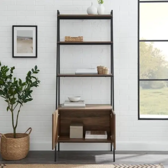 72" Open Shelf and Closed Storage Cabinet Ladder Bookcase - Saracina Home image {6}