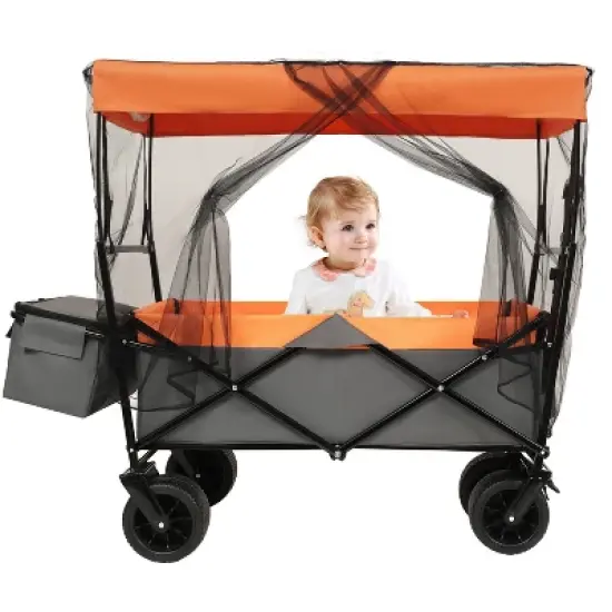 480Lbs Collapsible Wagon with Canopy,Wagon Stroller with 7" All-Terrain Wheels, Lightweight Foldable Wagon, Large Capacity with mosquito net image {13}