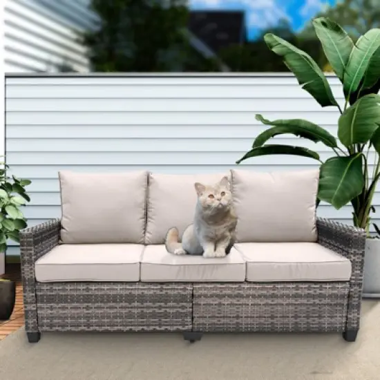 FIONECA 3-Piece Patio Furniture Set &uml;C PE Wicker Barrel-Style Sofa Set with Beige Cushions image {4}