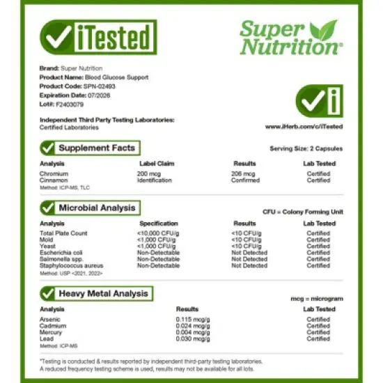 Super Nutrition Blood Glucose Support with Chromium Picolinate, Cinnamon, Fenugreek, and Grape Extracts, 60 Veggie Capsules image {3}