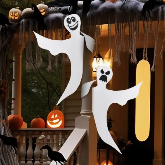 Joyfy 2Pcs 53" Halloween Bendable Tree Wrap Ghost, Smiling Ghost Hanging Decor Party Supplies for Tree, Porch, Yard, Lawn Outdoor image {2}