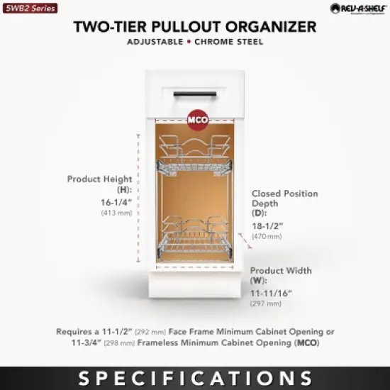 Rev-A-Shelf 5WB2 2-Tier Wire Basket Pull Out Shelf Storage for Kitchen Base Cabinet Organization, Chrome image {5}