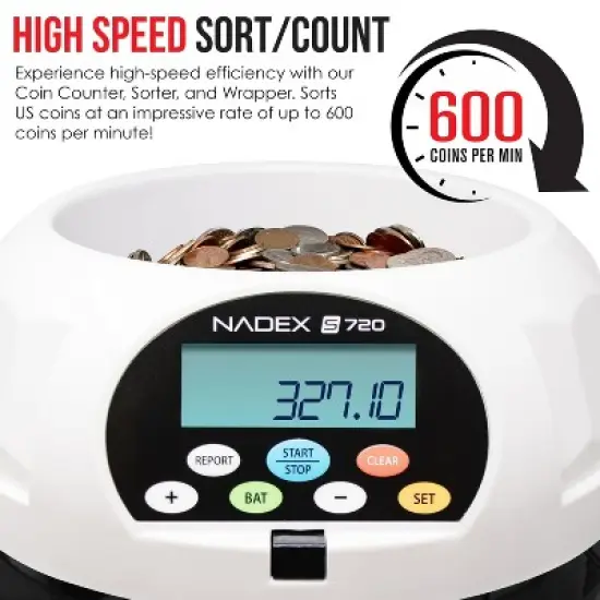Nadex Coins&trade; S720 High-Speed Coin Counter, Sorter, and Wrapper in White image {2}