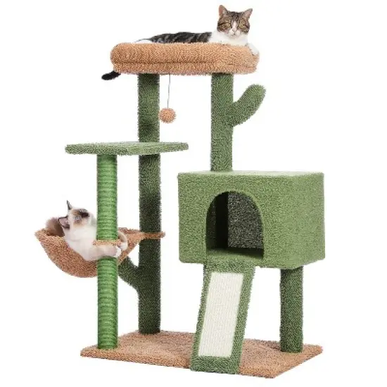 DOMETOUR 41"H Cactus Cat Tree Cat Tower, Cat Climbing Frame with Sisal Scratching Post, Cat Condo, Plush Perch, Hammock, Dangling Ball image {1}