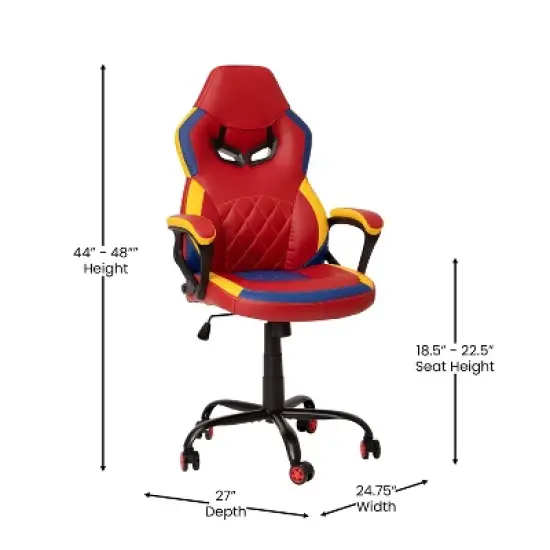 Emma and Oliver Faux Leather Ergonomic Designer Back Gamer Chair with Diamond Stitch, Lumbar Support & Padded Arms in Red, Blue & Yellow image {7}