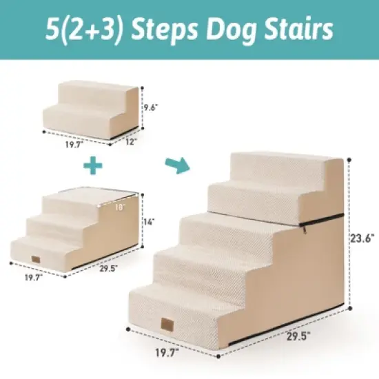 5-Tier Widened Support Pet Stairs, Non-Slip Foldable Dog Steps for Bed & Couch with Removable Cover image {2}