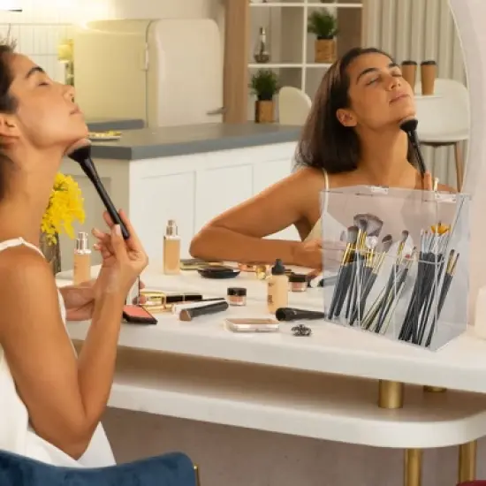 Unique Bargains Acrylic Makeup Brush Holder with Lid and 3-Slots Clear 1 Pc image {5}