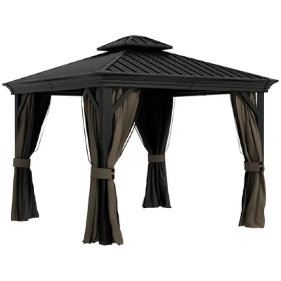 Outsunny Patio Gazebo, Netting & Curtains, 2 Tier Double Vented Steel Roof, Hardtop, Ceiling Hooks, Rust Proof Aluminum image {7}