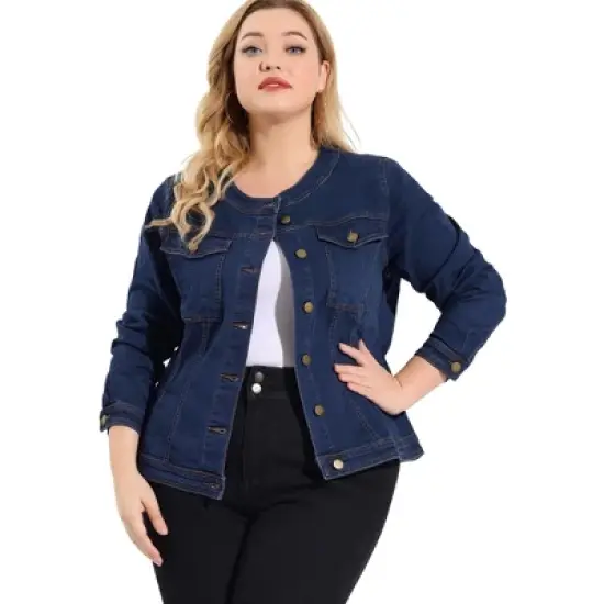 Agnes Orinda Women's Plus Size Jean Jacket Long Sleeves Collarless Denim Jacket image {6}