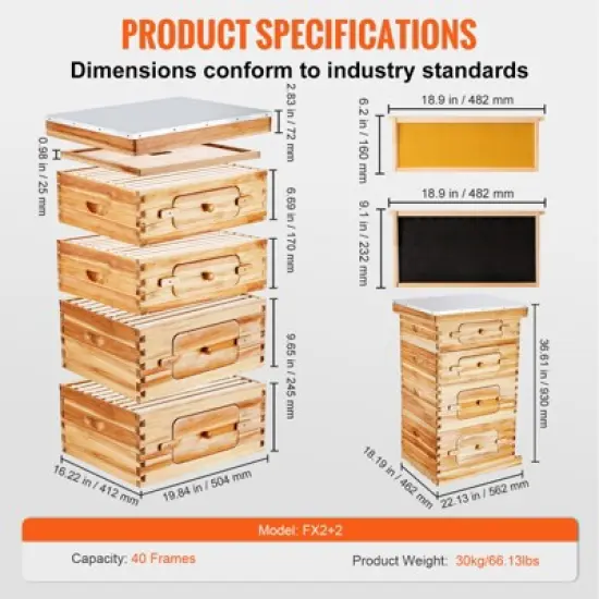 VEVOR Bee Hive 40 Frame Bee Hives Starter Kit, Beeswax Coated fir wood, 2 Deep + 2 Medium Bee Boxes Langstroth Beehive Kit image {6}