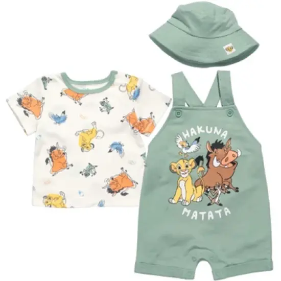 Disney Lion King Simba Timon Pumbaa Baby French Terry Short Overalls T-Shirt and Hat 3 Piece Outfit Set Newborn to Infant image {8}