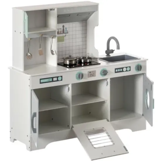 Gardenised Wooden Play Kitchen Toy, Light on Microwave, Cabinet, Washer, Sound Electronic Stove, Microwave and Sink Ages 3+ image {3}