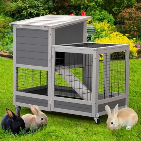 Sandinrayli Indoor Outdoor Rabbit Hutch on Wheels, Rolling Large Bunny Cage with Removable Tray, Ramp, Grey image {5}