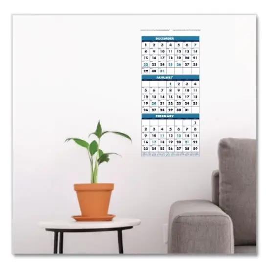 Recycled Three-Month Format Wall Calendar, Vertical Orientation, 8 x 17, White Sheets, 14-Month: Dec 2025 to Jan 2027 image {1}