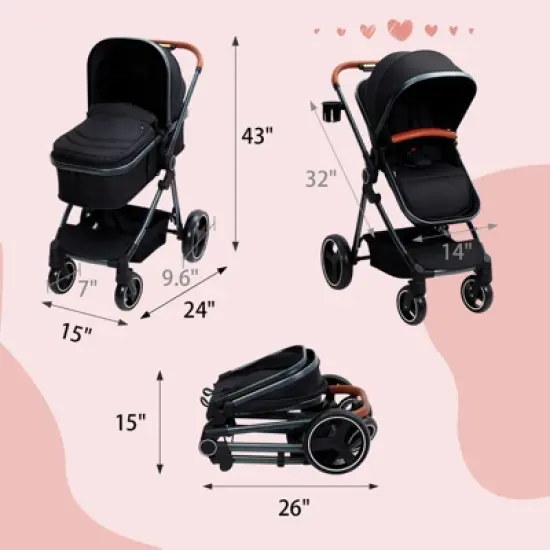 CuisinSmart 2 In 1 Baby Stroller, with Adjustable Canopy and Backrest, Foldable High Landscape Infant Pram with Reversible Seat image {2}