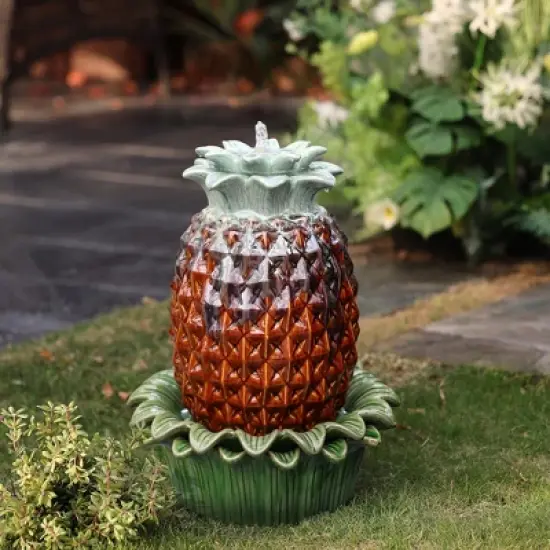 LuxenHome 17" Tabletop Ceramic Water Fountain, Pineapple Indoor and Outdoor Waterfall Fountains for Patio, Garden Decor Brown image {2}