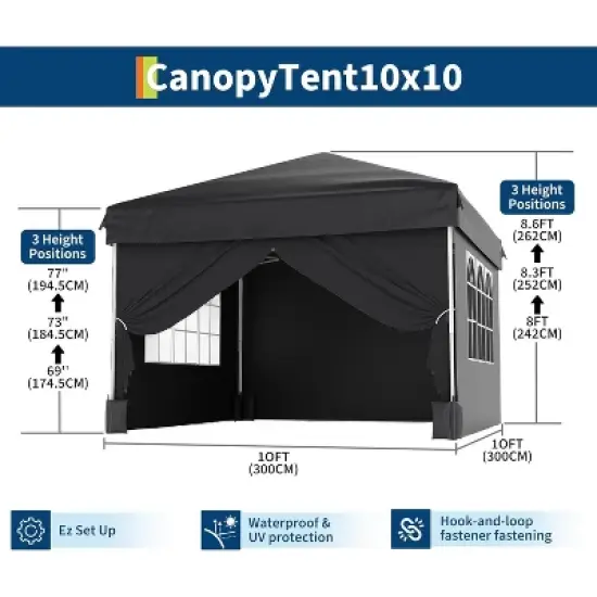 GustoWave Portable Outdoor 10x10 Pop Up Canopy Tent with 4 Waterproof Sidewalls for Camping image {1}