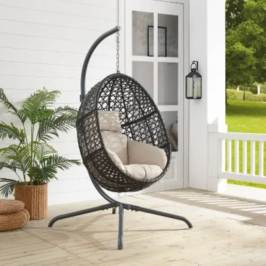 Calliope Indoor/Outdoor Wicker Hanging Egg Chair - Sand/Dark Brown - Crosley image {1}