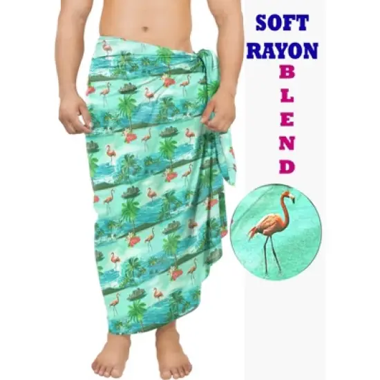 HAPPY BAY Men's Holiday Pareo Standard Swimsuits Elegant Vacation Summer Sarong Swimwear Long Swim Beach Wrap for Men One Size Blue, flamingo image {1}