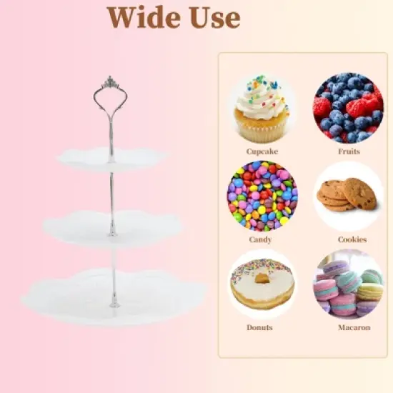 Unique Bargains 3 Tier Dessert Cupcake Stand Round with Tiered Serving Tray for Donuts Fruits White Silver Tone image {4}