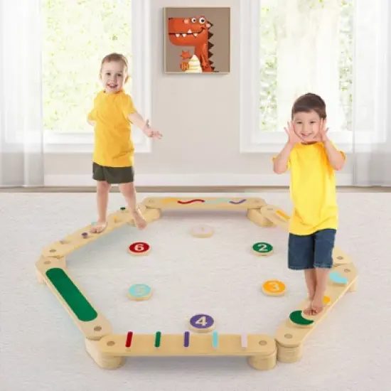 Costway Wooden Balance Beam w/ Stepping Stones Balance Board Toy Playset for 1+ Toddlers image {7}