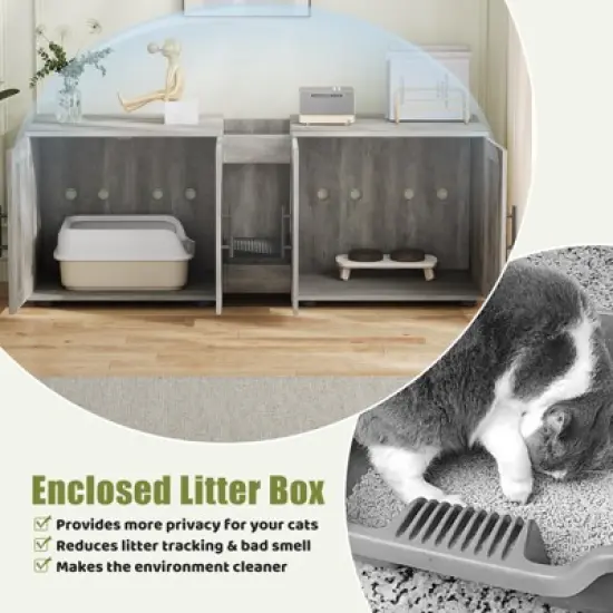 Cat Litter Box Enclosure Furniture for 2 Cats,Hiddden Cat Litter Box Enclosure Furniture 3-IN-1 Wooden Cat Litter Cabinet w/Barn Door&Double Rooms image {7}