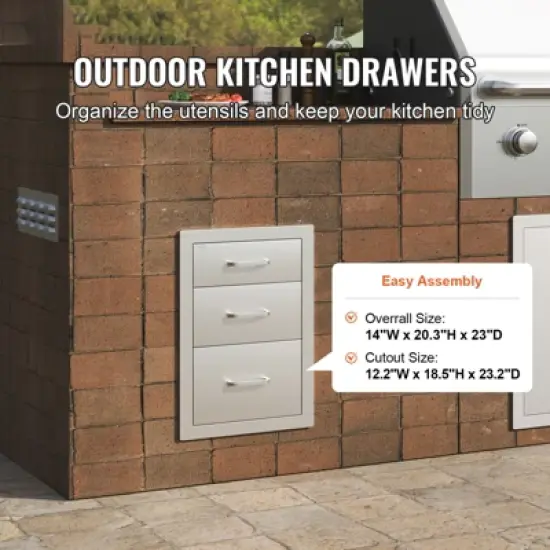 VEVOR Outdoor Kitchen Drawers 14" W x 20.3" H x 23" D, Flush Mount Triple Access BBQ Drawers Stainless Steel with Handle, Silver image {2}