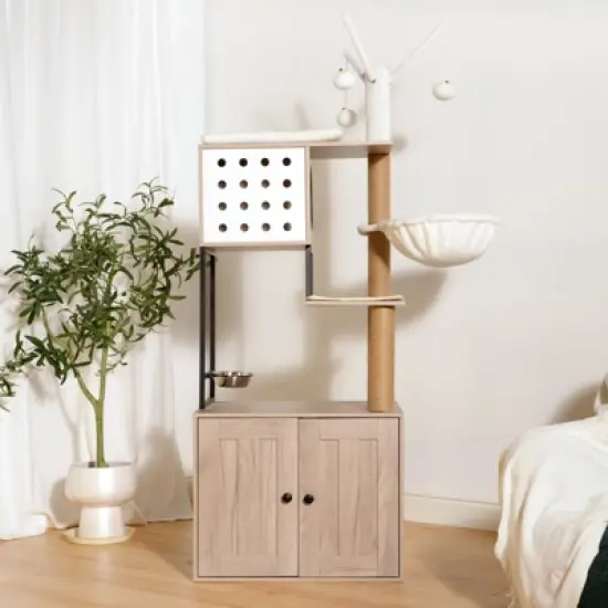 YOOCOZZ Cat Tree with Litter Box Enclosure,Cat Condo with Scratching Posts, Feeding Bowl and Removable Pompom Sticks image {10}
