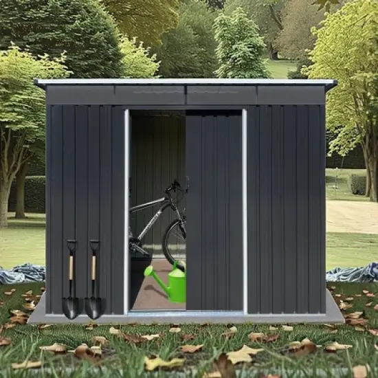 GDFStudio Dorothea Modern 100" Outdoor Metal Push Pull Storage Shed, Lockable Door Tool Shed image {5}