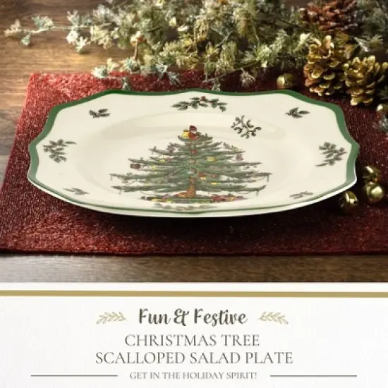 Spode Christmas Tree Scalloped Salad Plate - Holiday-Themed Stoneware Appetizer Plate - 9 Inch Christmas Dinner Dish - Dishwasher & Microwave Safe image {1}