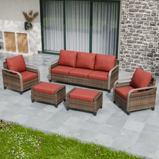EAGLE PEAK Wicker Patio Conversation Set, 2 Chairs, 3-Seat Loveseat and 2 Ottomans, 5 Pieces image {10}