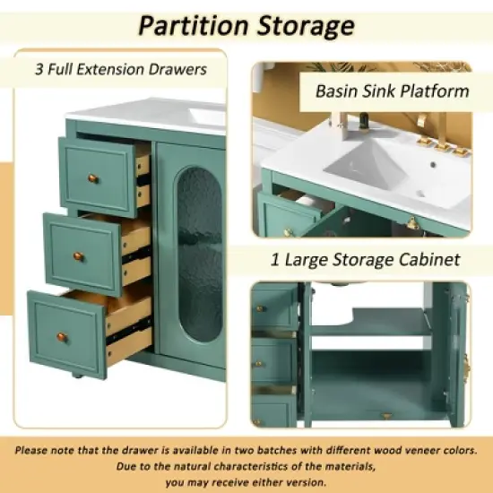 36" Solid Wood Bathroom Vanity with Soft Close Doors, 3 Drawers & Ceramic Sink, White/Lake Green Modern Storage Cabinet - ModernLuxe image {4}