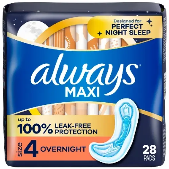 Always Maxi Pads Overnight Absorbency Unscented without Wings - Size 4 - 28ct image {10}