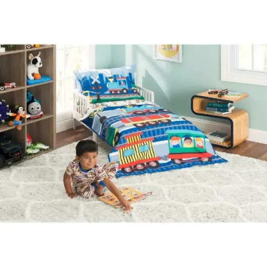 EVERYDAY KIDS 4 Piece Toddler Bedding Set -Choo Choo Train- Includes Comforter, Flat Sheet, Fitted Sheet and Reversible Pillowcase image {3}
