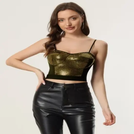 Allegra K Sequined Crop Top for Women's Spaghetti Strap Deep V Party Cami Top image {2}