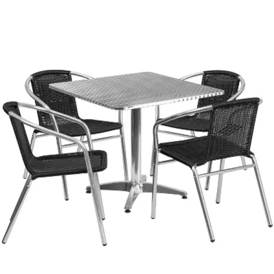 Emma and Oliver 31.5" Square Aluminum Garden Patio Table Set with 4 Rattan Chairs image {4}