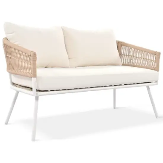 FIONECA 4-Piece Boho Rope Patio Furniture Set with Acacia Wood Table, Outdoor Conversation Sofa Set with Cushions for Backyard, Porch, Beige image {12}